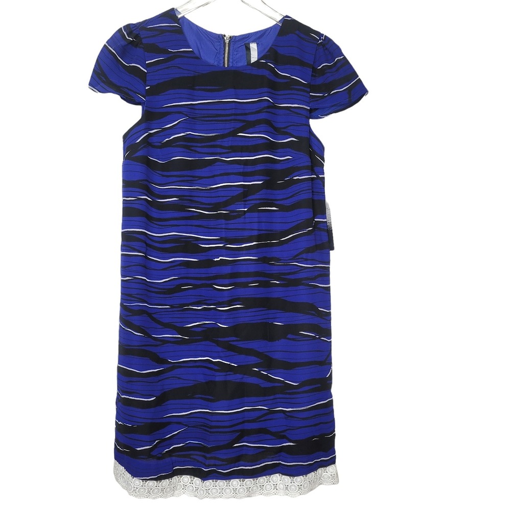 Kensie Shift Dress Striped Blue Black Cap Sleeve Crochet Trim Boho Cottage S